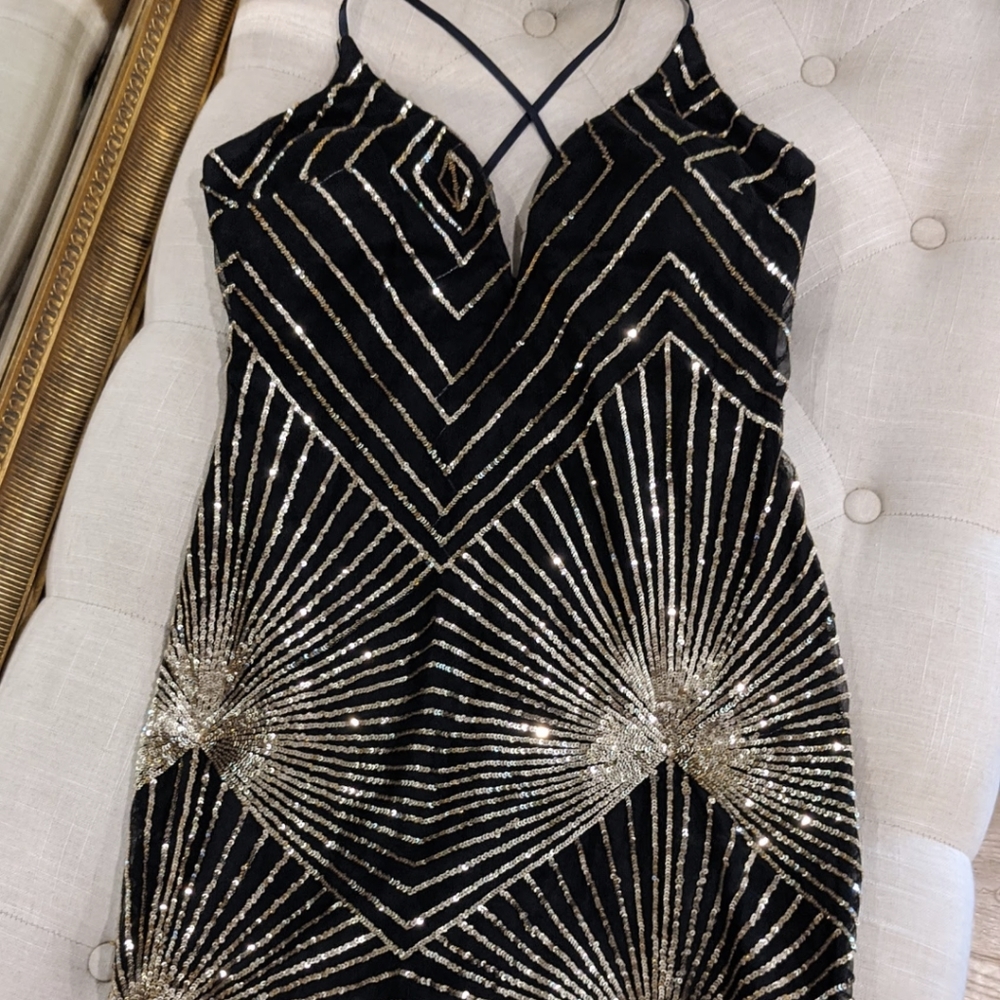 Gold and Black Strappy Sequin Mini Dress